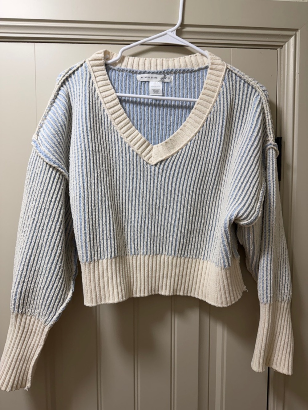 Altar'd State Cream and Light Blue Striped V-Neck Sweater